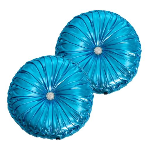 Image of HIG Set of 2 Blue Metallic Leather Decorative Round Pleated Throw Pillows