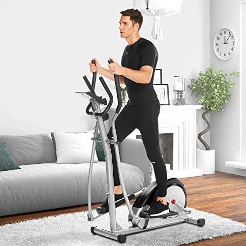 ANCHEER Magnetic Elliptical Machine, Fitness Compact Ellptical Machine with Digital Monior, 8 Level Resistance, LCD Heart Rate Sensor for Home Use (Silver)