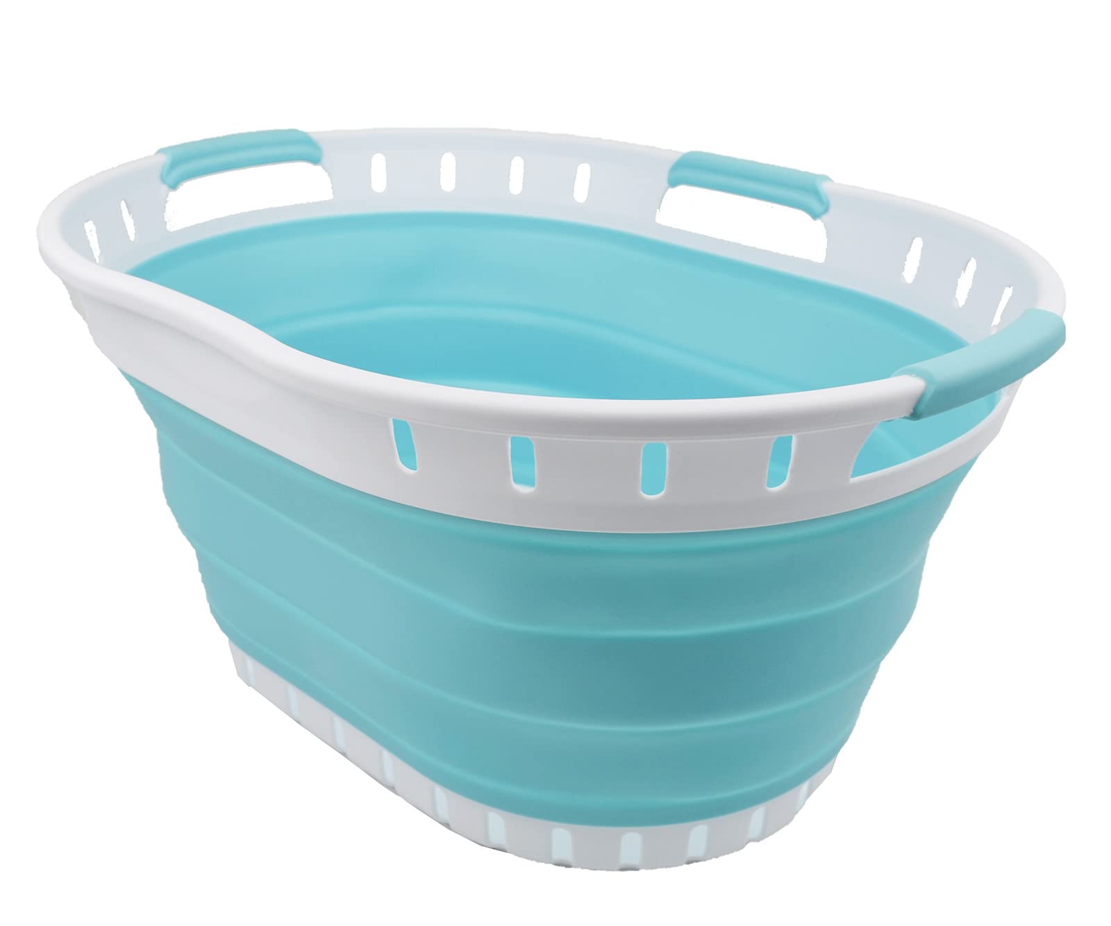 SAMMART Panier à linge pliable en plastique de 25 l – Boîte de rangement pliable – Bac à linge portable – Panier économiseur d'espace (1, blanc/bleu brume)