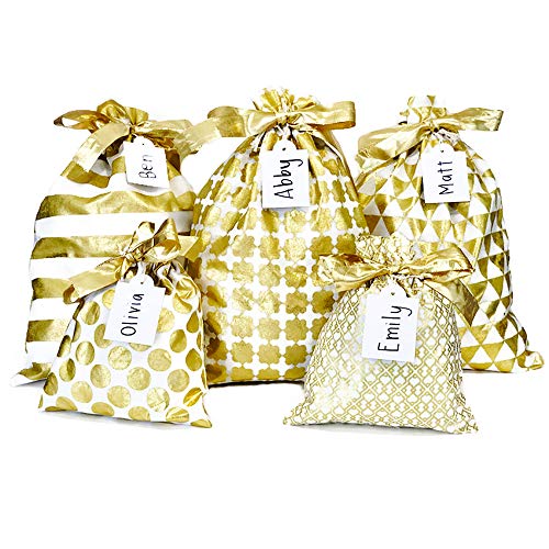 Appleby Lane Reusable Fabric Gift Bags (Standard Set, Gold) Set of 5 bags, three 12x16 inch and two 8x10 in bags