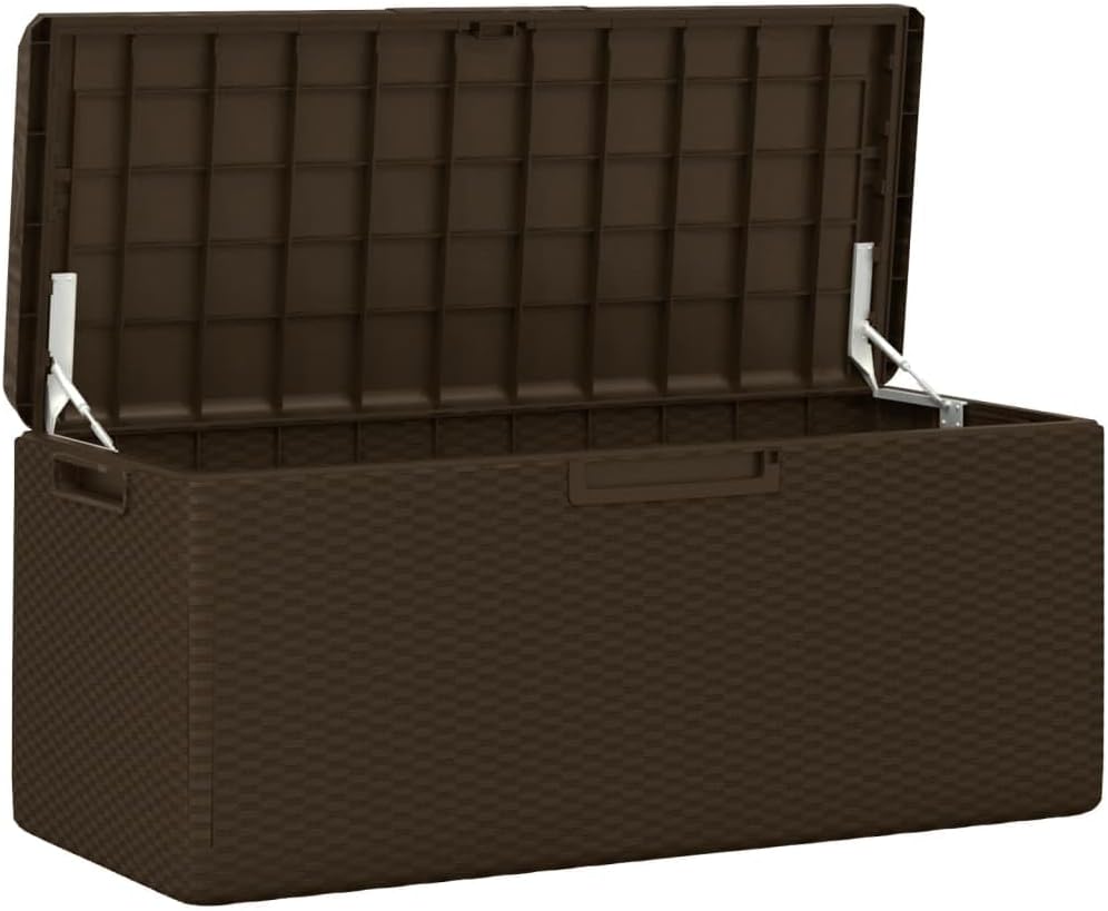 Patio Storage Box with Seat Cushion Brown 92.5 gal PP, Patio Storage Boxes