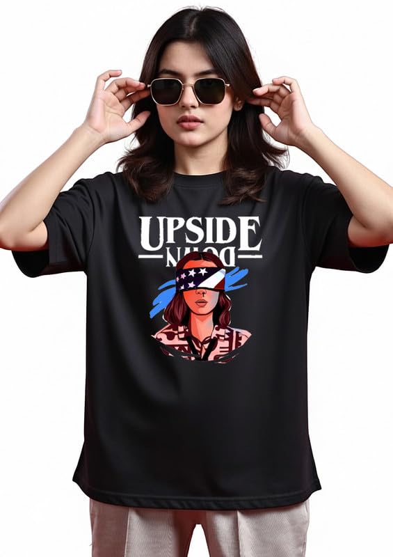 the duffers Women's Oversized Cotton T-Shirt - Retro 80s Mystery Graphic Print Tee - Baggy Boyfriend Fit Drop Shoulder Half Sleeve T-Shirt - Vintage Sci-Fi Horror Theme-picture-8