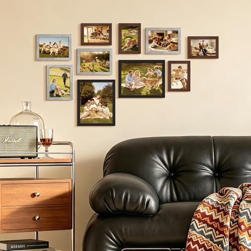 Image of upsimples Picture Frames Set of 10, Including 8x10, 5x7, 4x6 Rustic Frame | Black Brown Gray Multi Picture Frames Collage Wall Decor , Gallery Wall Frame Set, Gift For Christmas, Mothers' day, Wedding