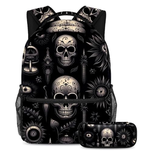 Sac à dos de jour motif tête de mort multicolore style punk avec trousse assortie