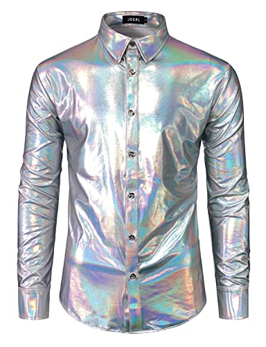 JOGAL Herren Metallic Glänzend Bronzing Nachtklub Party Langarm Hemd SilberShimmer X-Large