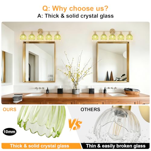 Image of Bathroom Light Fixtures, 5-Light Brushed Gold Vanity Lights for Bathroom with Green Tulip Glass Shade, 30 inch Vintage Bathroom Vanity Lighting Fixtures Over Mirror for Bedroom Living Room Hallway