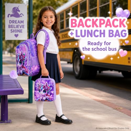 Image of 3Pcs Unicorn Backpack for Girls, 16 inch Kids Bookbag with Lunch Box，School Backpacks for Elementary Preschool Kindergarten (Purple)