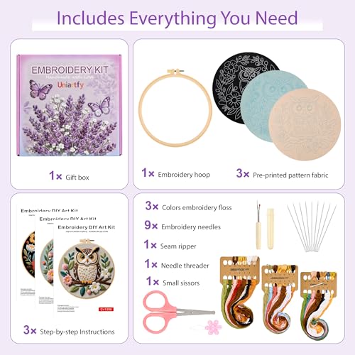 Image of Uniartfy 3 Sets Embroidery Kit for Beginners with Owl Flower Pattern, Hand Needlepoint Kits for Adults, Embroidery Starter Kits with Hoops, Step by Step Video & Instructions, DIY Cross Stitch Kit