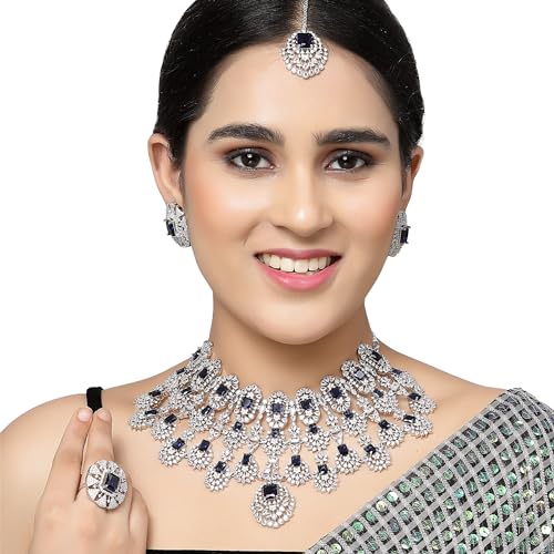 Image of ZENEME Rhodium-Plated American Diamond Studded Tasselled Necklace With Earrings Ring & MaangTikka Jewellery Set For Girls and Women