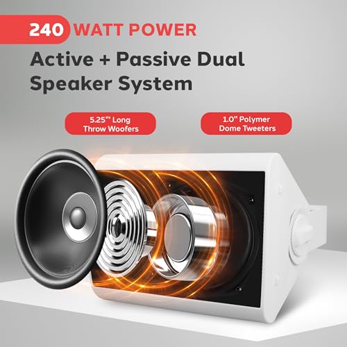 Pyle Wall Mount Bluetooth Home Speaker System - Active + Passive Pair, Wireless, Water-resistant, Stereo Sound, AUX IN (White)