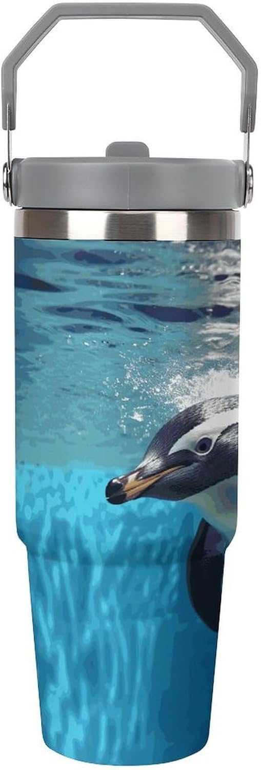 Swimming Penguin Water Bottle 30 Oz Fits Car Cup Holder,Insulated Coffee Mug Large Capacity Car Cups,Stainless Steel Double Wall Sport Bottle for Travel Sports Gym