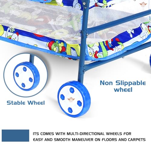 Image of Baby Cradle with Canopy and Wheels, Blue Cartoon Print | Portable Bassinet, Safety Mesh