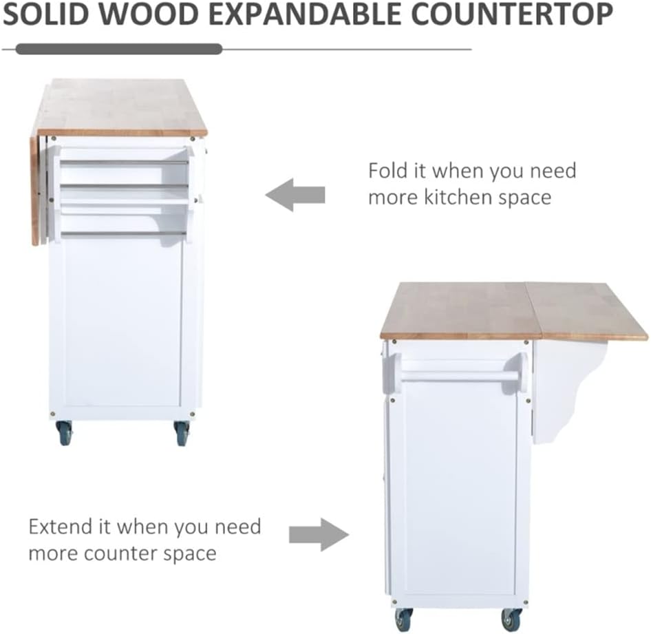 Rolling Kitchen Island On Wheels Cart with Drop Leaf and Rubberwood Countertop, Storage Drawers, Door Cabinets (D As Shown)