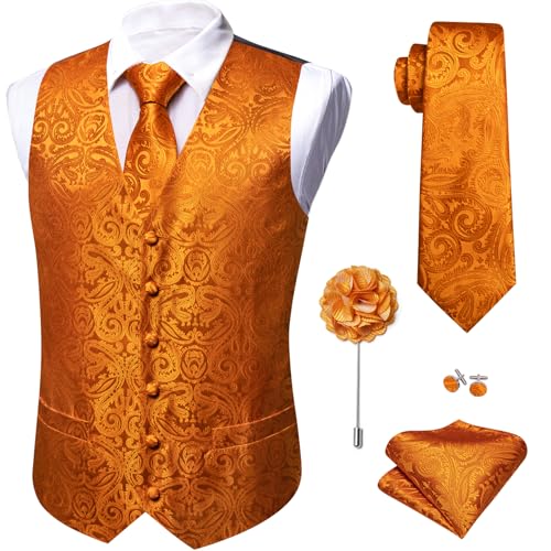 Image of Barry.Wang Mens Orange Suit Vest Jacquard Silk Flower Ties Handkerchief Cufflinks Waistcoat Set Formal Wedding Tuxedo 5PCS