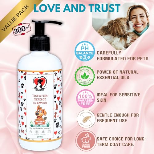 Image of HEARTIE Tick and Flea Defence Shampoo | 300 ml Paraben Free Anti tick Shampoo & Flea Remover | Dog Ticks Shampoo & Cat Shampoo with Neem, Aloe Vera, Tea Tree, Vitamin E | Dog Shampoo for Tick