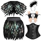 Suhine Woman Feather Witch Costume Gothic Feather Shrug Shawl Shoulder Wrap Cape Victorian Corset for Halloween Outfit(Medium)