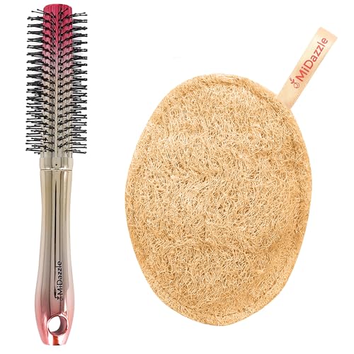 Image of Midazzle Premium Round Hair Brush with Natural Loofah, Golden, Set of 2, For Men & Women