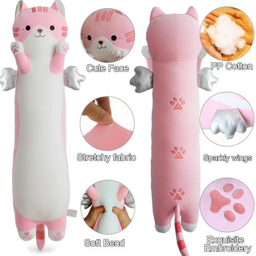 Image of Long Cat Plush Pillow, Cute Cat Stuffed Animal Body Pillow with Wings, Soft Kawaii Kitty Hugging Pillow, Christmas Valentine's Birthday Gift for Kids Girls Boys (Pink, 90cm /35.43in)