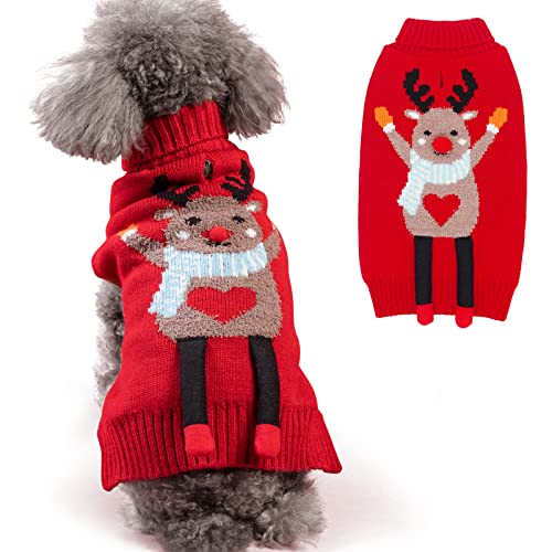 Cyeollo Christmas Dog Sweater - Reindeer Knitted Turtleneck with Leash Hole - Holiday Outfits for Small Dogs