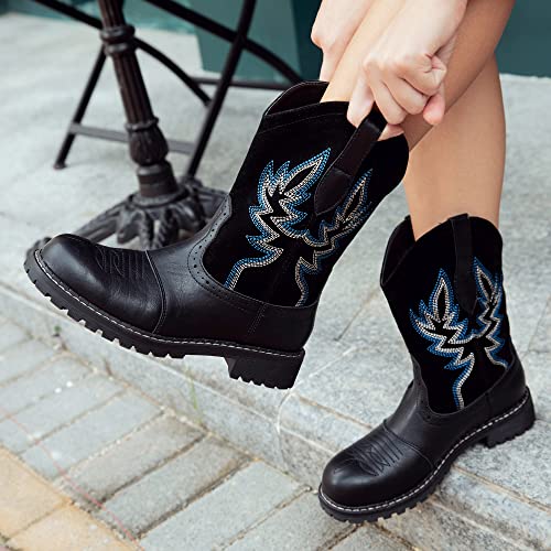 Hawkwell Women's Mid Calf Western Cowboy Cowgirl Boot Round Toe Embroidered Fashion Boots2