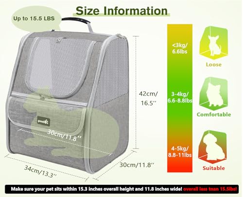pecute Katzenrucksack Haustier Rucksack mit Netzfenster, Tragbare und Faltbare Katzentasche, Atmungsaktive und Leichte Hundetasche, Multifunktionales Ausgehen Reisen Hellgrau bis 6 kg