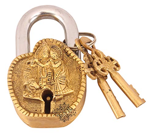 Image of Indian Art Villa Handmade Old Vintage Style Antique Radha Krishna Ji Design Brass Security Lock with 2 Keys Om Design on Back|Home Temple Office