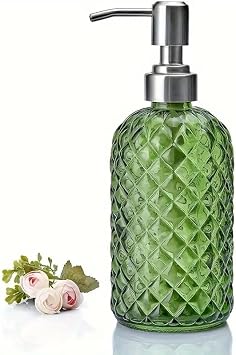 Decorative Glass Soap Dispenser, Geometric Patterned Glass Soap Dispenser, green01