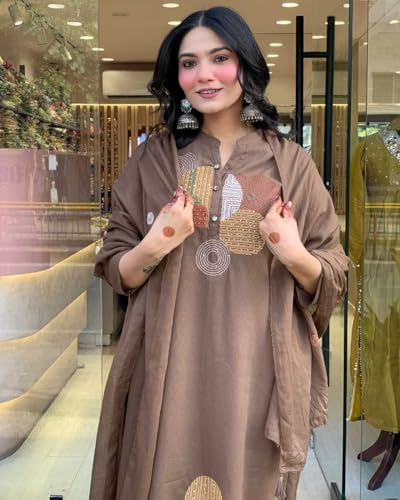 Image of Mehraj Online Store Women's Cotton Embroidery Straight Kurti Pant With Dupatta Set
