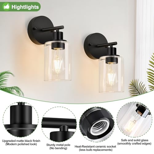 Set of 2 Wall Sconces for Bathroom,Black Modern Vanity Lights with Clear Glass Shade,Bathroom Wall Lamp for Mirror Kitchen Living Room Hallway Cabinet Porch
