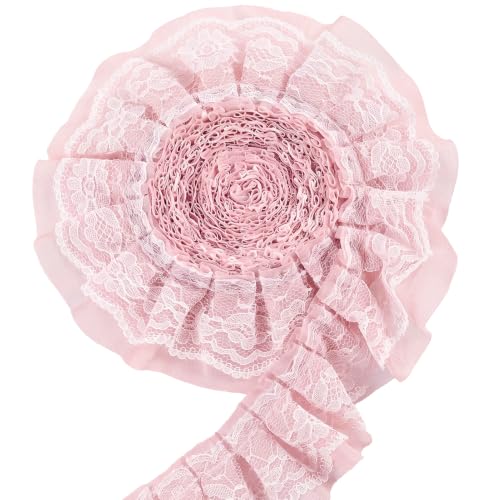 Daieeparty Ruffled Lace Trim 2-Layer Organza & Lace Ribbon 6Yards Long 2inch Width for Wedding Dress Table Decorations DIY Sewing Crafts Curtains Home Decor Embellishments(Pink)