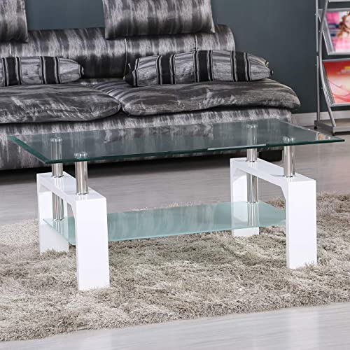 Mecor Rectangle Glass Coffee Table-White Modern Side Coffee Table With Lower Shelf Metal Legs-Suit For Living Room #TOP4