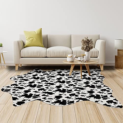 Image of Aoczes Black and White Cow Print Rug for Living Room Large Faux Cowhide Rug 4.6 x 5.2 Feet Cute Animal Printed Carpet for Bedroom Nursery Office Western Home Decor