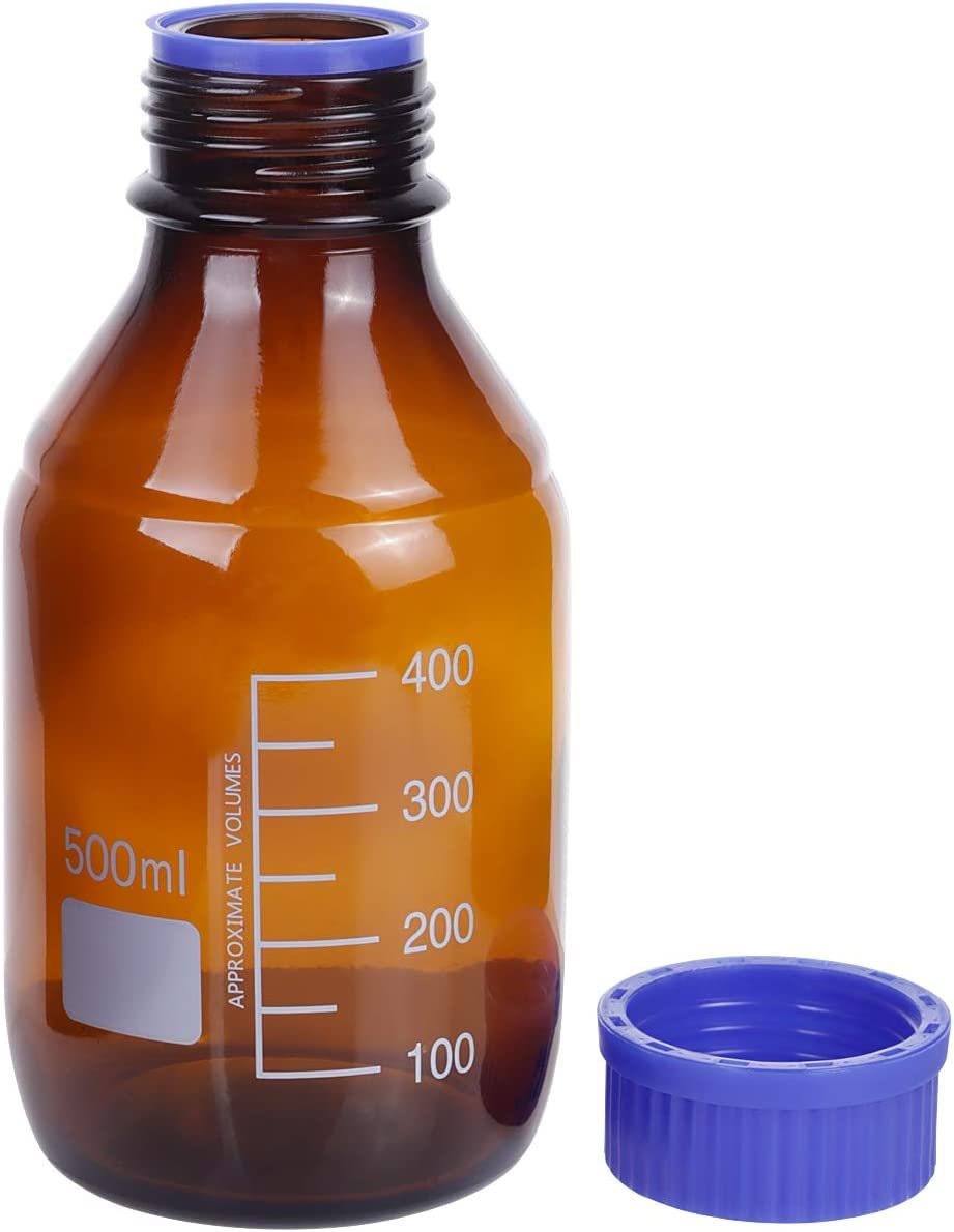 Lab Media Storage - Botellas de color ámbar, envase de vidrio graduado, GL45, tapón de rosca, a prueba de fugas, multiusos, para científicos, paquete de 8 (azul, 500 ml)