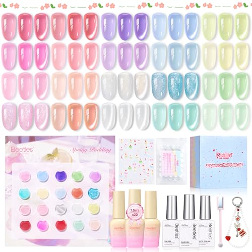 Image of Beetles Jelly Gel Nail Polish Set - Spring Pudding 20 Colors Pastel Gel Polish Kit Jelly Pink Purple Red Blue Green Glitter Silver Cat Eye Base Glossy Matte Top Coat Home Salon Summer Gifts for Women