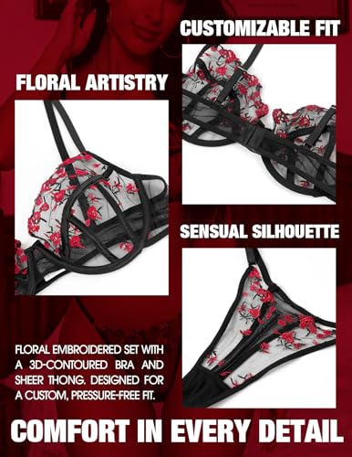 Image of Lingerie Sexy Bra and Panty Set for Women See Through Sheer Underwear Cute Exotic Floral Embroidery Babydoll Set