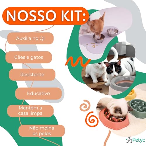 Kit Jogo Americano + Bebedouro Pelo Longo e Comedouro Lento PETYC Tapete Silicone Pote Pet (Rosa)