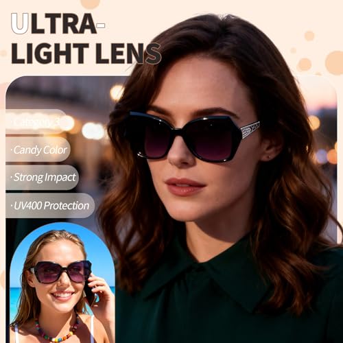 Image of Women Oversized Sunglasses UV400 Protection Lens Sun Glasses | Lightweight Shiny Frame, Classic Trendy Design, Multiple Color Options for Walking, Driving, Shopping, Taking Photos