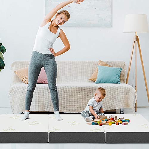 Giantex 6 Inch Tri Folding Memory Foam Mattress w/Case, Soft Removable Bamboo Cover, Used as Fold Up Guest Bed & Camp Cot, Multifunctional Mattress for Sleep Comfort (Queen Size)