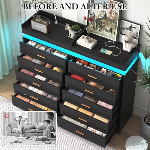 Image of jiteentarou 5 Drawer Dresser with Charging Station and LED Lights, Modern Chest of Drawers with Power Outlet, Organizer Cabinet for Bedroom, Living Room, Entryway, Black