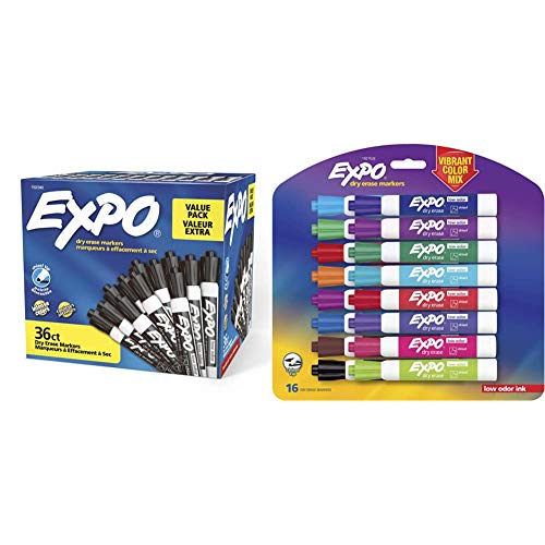 Expo Low Odor Dry Erase Marker | Chisel Tip Markers | Whiteboard Markers, Black, 36 Count & 1927526 Low-Odor Dry Erase Markers, Chisel Tip, Vibrant Colors, 16-Count