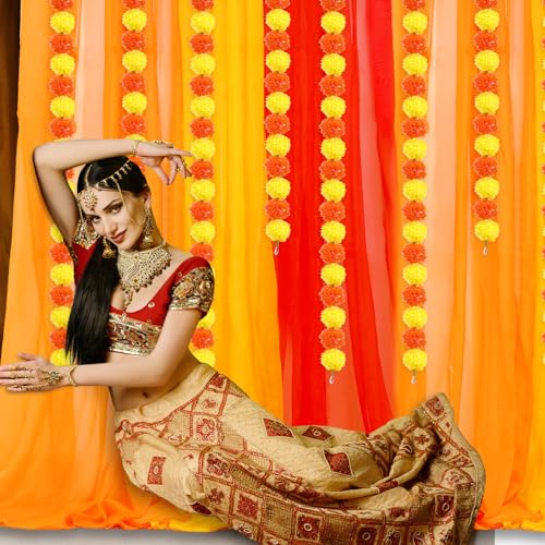 Image of Indian Pooja Backdrop Decoration Items 7x5ft Diwali Backdrop 5 Artificial Marigold Garland Set Mehndi Home Decorations for Janmashtami, Varalakshmi, Haldi, Puja, Ganesha Party Decor