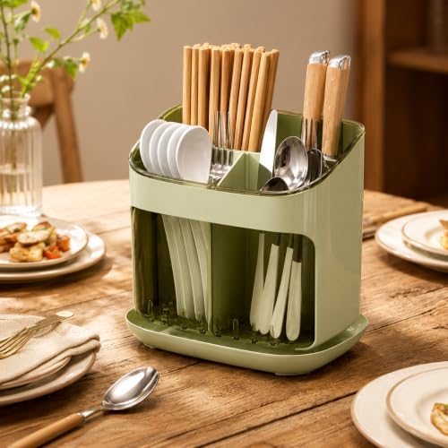 Image of Cutlery Holder with Drainage Tray | Kitchen Cutlery Organizer with Removable Partition | Large Capacity Countertop Storage Caddy (Green)