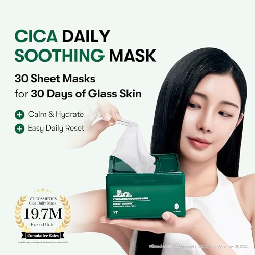 Image of VT COSMETICS CICA Daily Soothing Mask, 30 Sheet Face Masks for Sensitive Skin, Centella Asiatica & Triple Hyaluronic Acid, Hydrating Korean Sheet Mask for Redness, Dryness & Skin Barrier Care