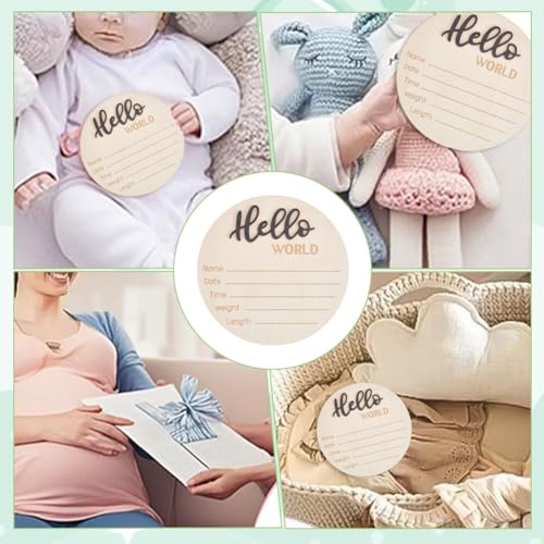 Image of 3Pcs Newborn Announcement Sign 5.9Inches Wooden Hello World Board Newborn Welcome Sign Round Information Board Decroation and Gifts Black for Hospital Home Nursery
