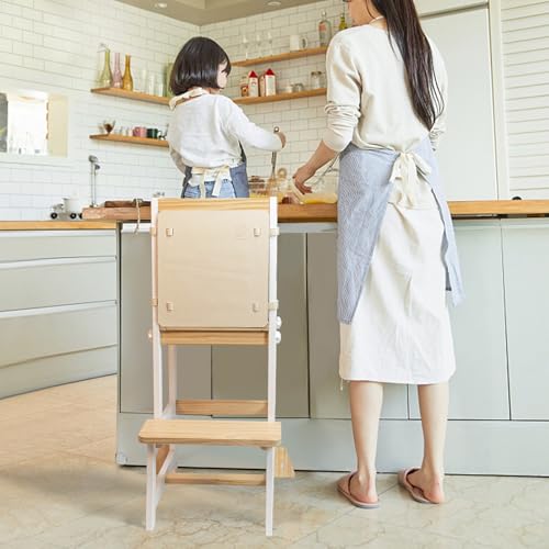 Image of Kitchen Step Stool for Toddlers with Non-Slip Mat, WOOD CITY Wooden Kids Montessori Learning Stool Tower, Toddler Standing Tower Helper for Kitchen Counter and Bathroom Sink(White-Natural-Adjustable)