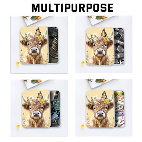 Image of Metal Tin Box with Lid for Game Cards Home Organizer Candles Keys Crafts Storage - Equipped with 4 Magnetic Cord Clips,Cute Cow Butterfly