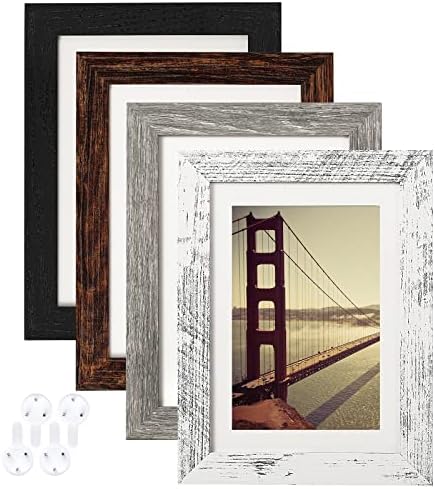 BAIJIALI 5x7 Picture Frame Distressed Farmhouse Wood Pattern Set of 4 with Tempered Glass,Display 4x6 Photos with Mat or 5x7 Without Mat, Horizontal and Vertical Formats for Wall and Table Mounting,Multicolour