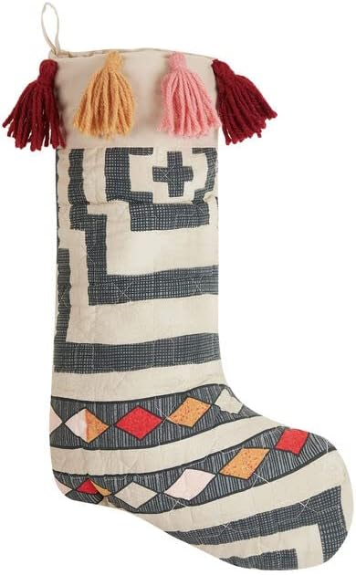 Peking Handicraft Hypnotic Quilted Stocking with Tassel, 20-inch Length, Cotton, Christmas, Home Décor, Holiday Tradition