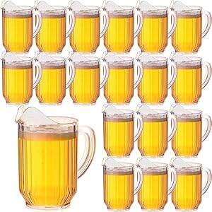 Rtteri 16 Pack 32 oz Clear Plastic Water Pitcher Bulk Mini Durable Restaurant Pitcher Jug with Spout and Handle Serving Beer Sangria Soda Lemonade Juice Drink Beverage Tea for Home Bar Party Container