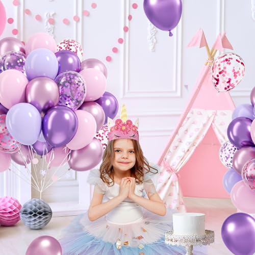 Image of 61pcs Pink and Purple Balloons, 12 Inch Purple Pink Confetti Latex Balloons, Metallic Balloon for Bridal Baby Shower Wedding Women Birthday Party Decorations